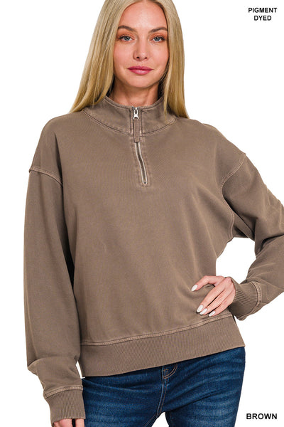 French Terry Pigment Dyed Half Zip in Brown