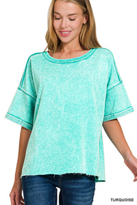 French Terry Acid Washed Tee in Turquoise