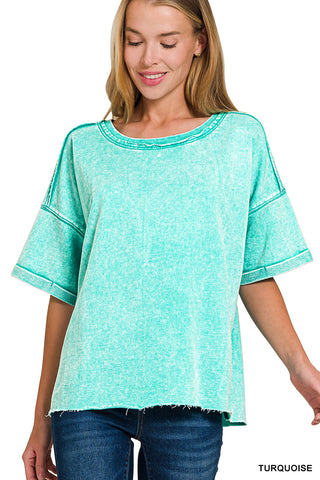 French Terry Acid Washed Tee in Turquoise
