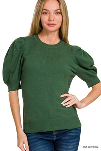 Puff Sleeve Sweater in Dark Green