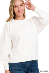 Mélange Crew Neck with Puff Sleeve in Off White