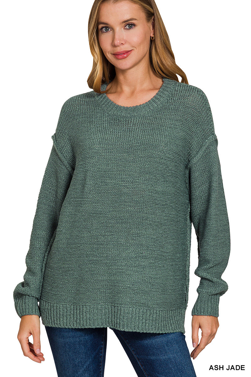 Crewneck Sweater with Exposed Seams in Ash Jade