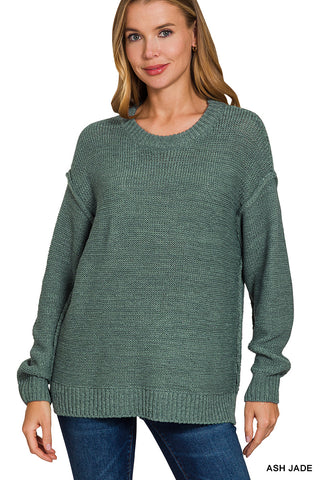 Crewneck Sweater with Exposed Seams in Ash Jade