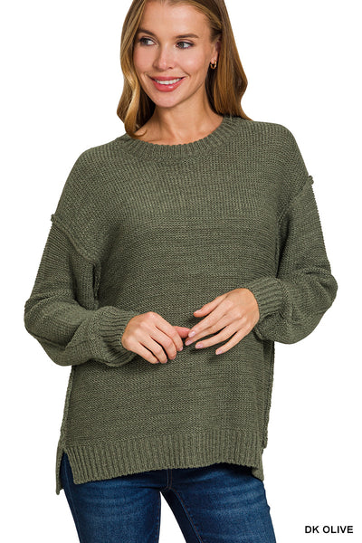 Crewneck Sweater with Exposed Seams in Dark Olive