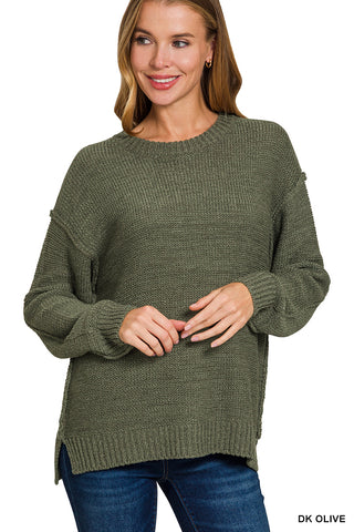 Crewneck Sweater with Exposed Seams in Dark Olive