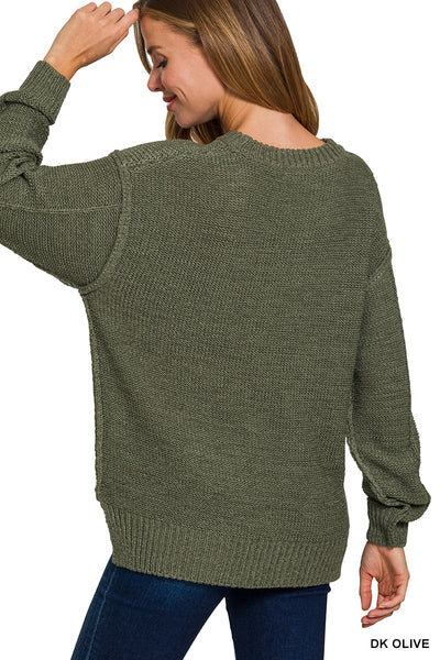 Crewneck Sweater with Exposed Seams in Dark Olive