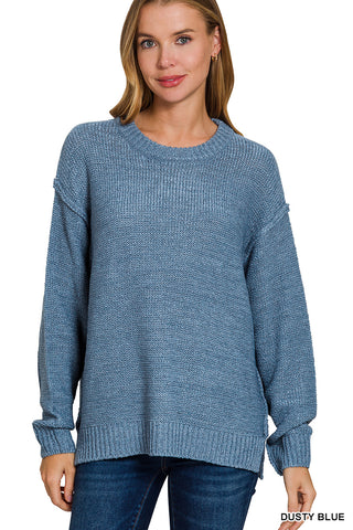 Crewneck Sweater with Exposed Seams in Dusty Blue