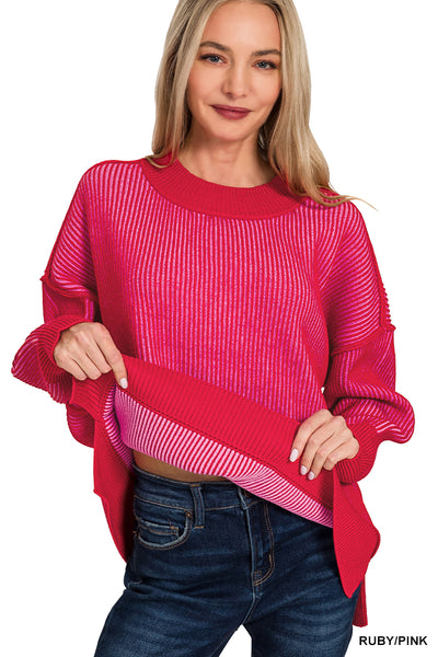 Two Tone Sweater in Ruby/Pink