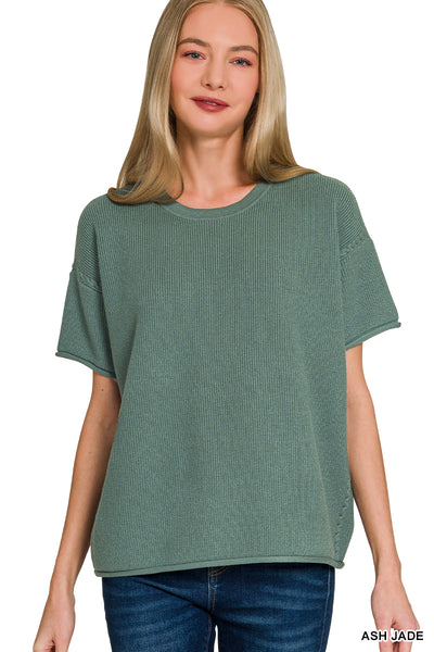 Viscose Short Sleeve Sweater in Ash Jade