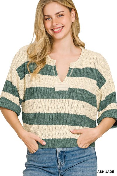 Split Neck Stripe Sweater in Ash Jade