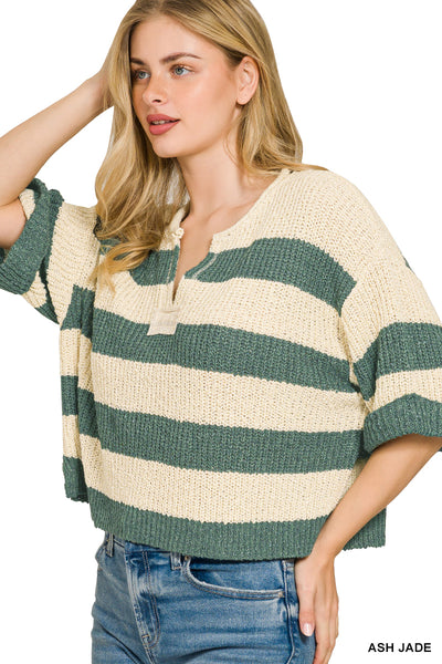 Split Neck Stripe Sweater in Ash Jade