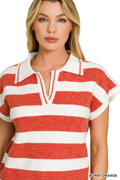 Striped Collared Short Sleeve Sweater in Burnt Orange