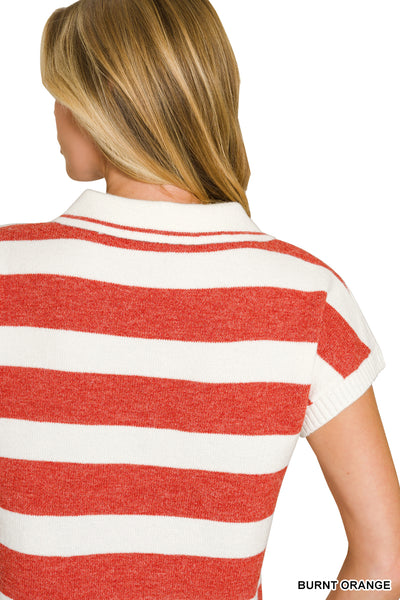 Striped Collared Short Sleeve Sweater in Burnt Orange