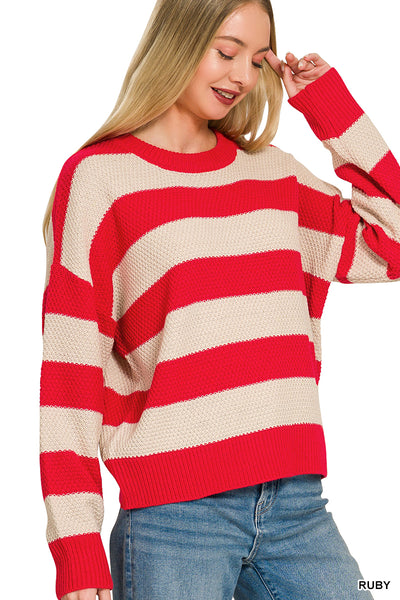 Striped Drop Shoulder Sweater in Ruby