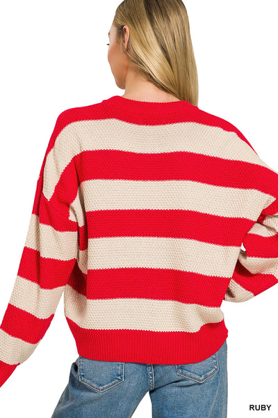 Striped Drop Shoulder Sweater in Ruby