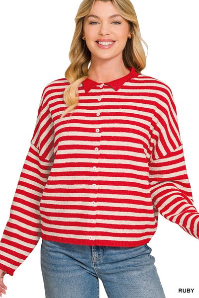 Striped Collared Button-Down Sweater Cardigan in Ruby