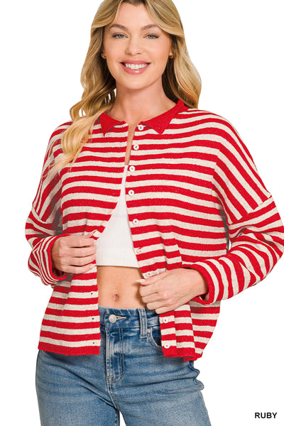 Striped Collared Button-Down Sweater Cardigan in Ruby