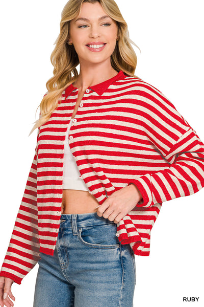 Striped Collared Button-Down Sweater Cardigan in Ruby