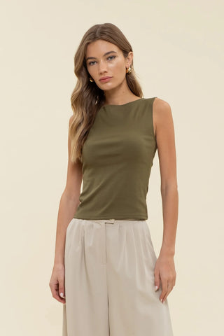 Boat Neck Sleeveless Knit Top in Olive