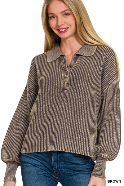 Washed Collared Henley Sweater in Mocha