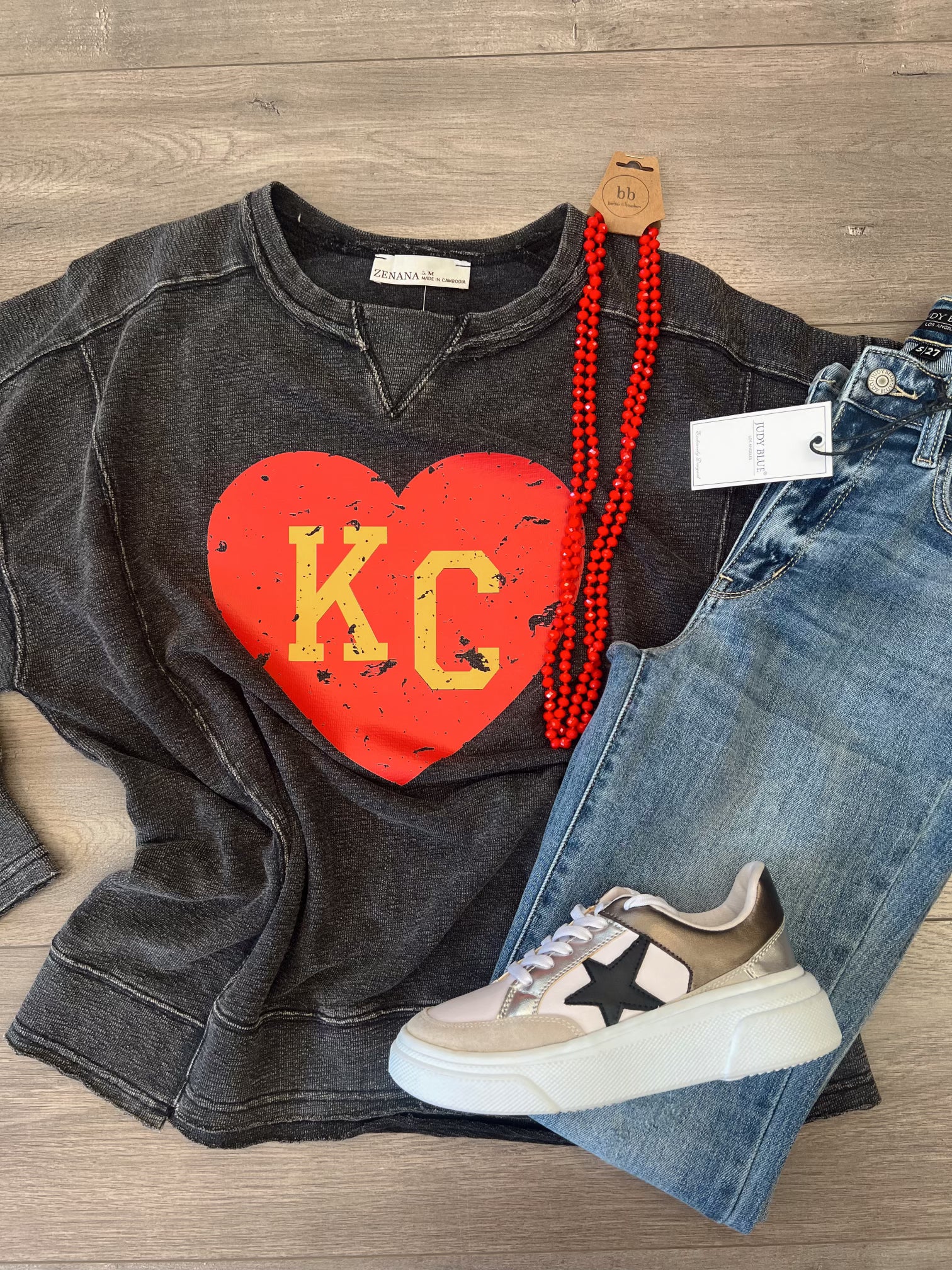 KC with Heart on French Terry in Washed Black