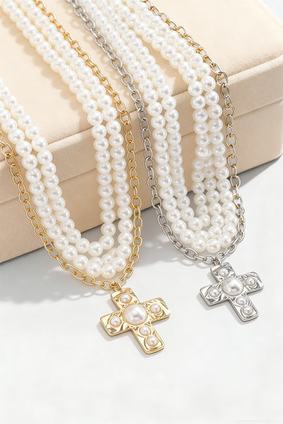 Hammered Cross Multi Wrap Pearl Necklace