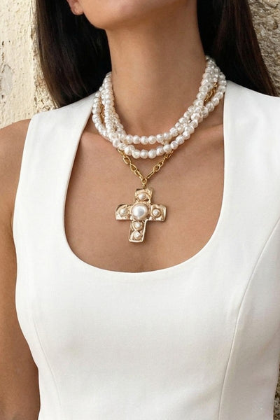 Hammered Cross Multi Wrap Pearl Necklace