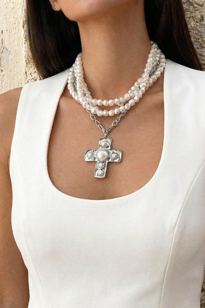 Hammered Cross Multi Wrap Pearl Necklace