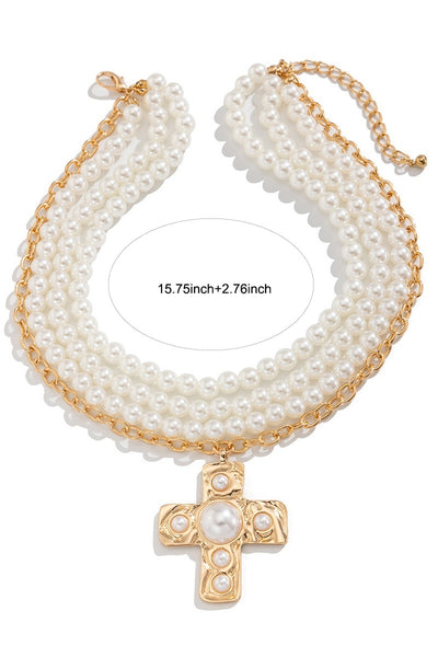 Hammered Cross Multi Wrap Pearl Necklace