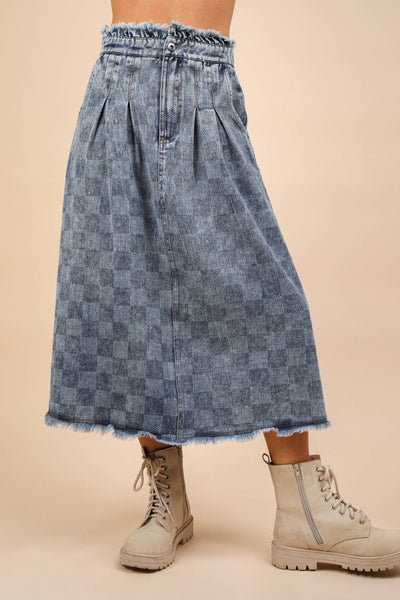 Washed Checkered Denim Midi Skirt