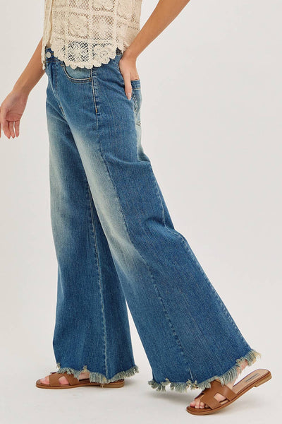 Mid Rise Wide Leg Frayed Hem Denim