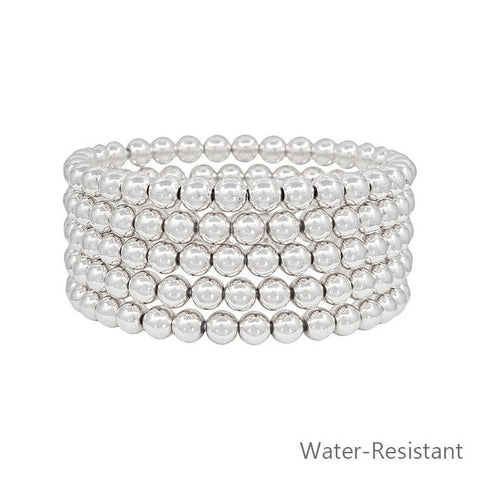 Water Resistant Silver 6MM Beaded Set of 5 Stretch Bracelets