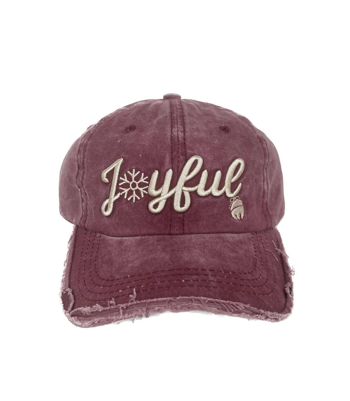 Joyful on Distressed Maroon Hat