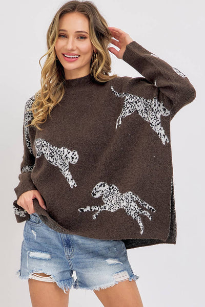 Leopard Patterned Oversized Sweater in Brown