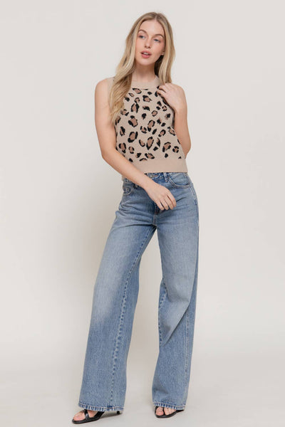 Sleeveless Round Neck Leopard Jacquard Sweater