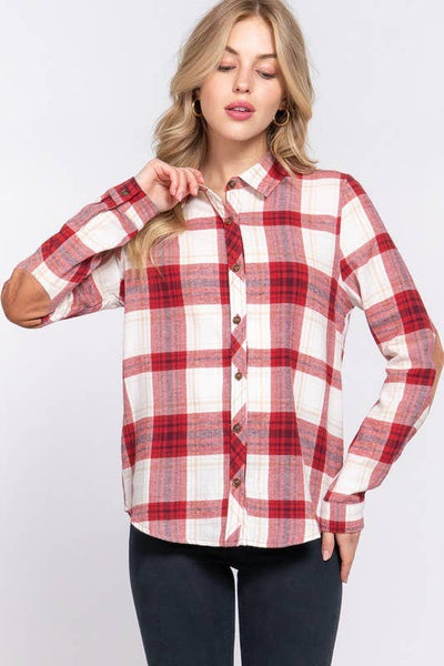 Plaid Shirt with Suede Patch in Red/Ivory