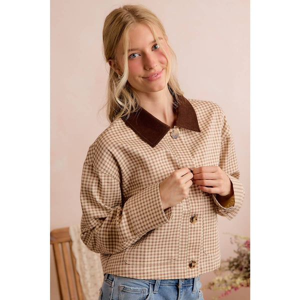 Cropped Gingham Jacket with Corduroy Collar