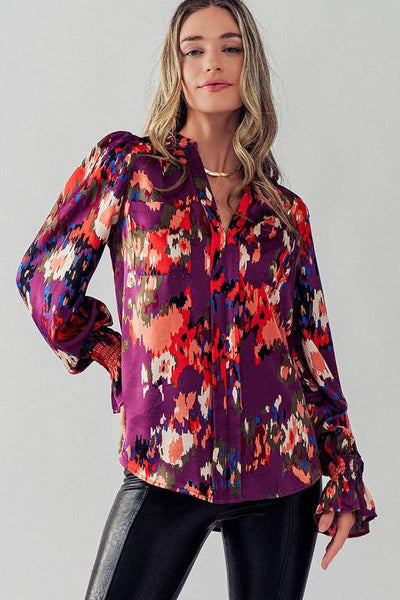 V Neck Jacquard Long Sleeve Satin Top
