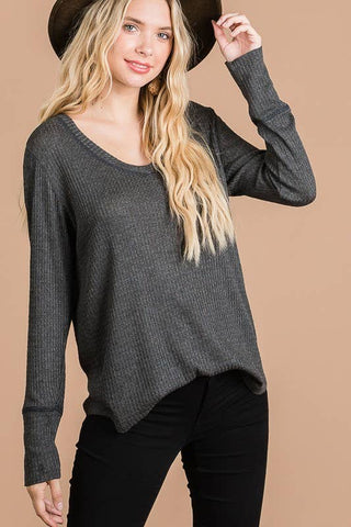 Waffle Knit V Neck Top in Charcoal