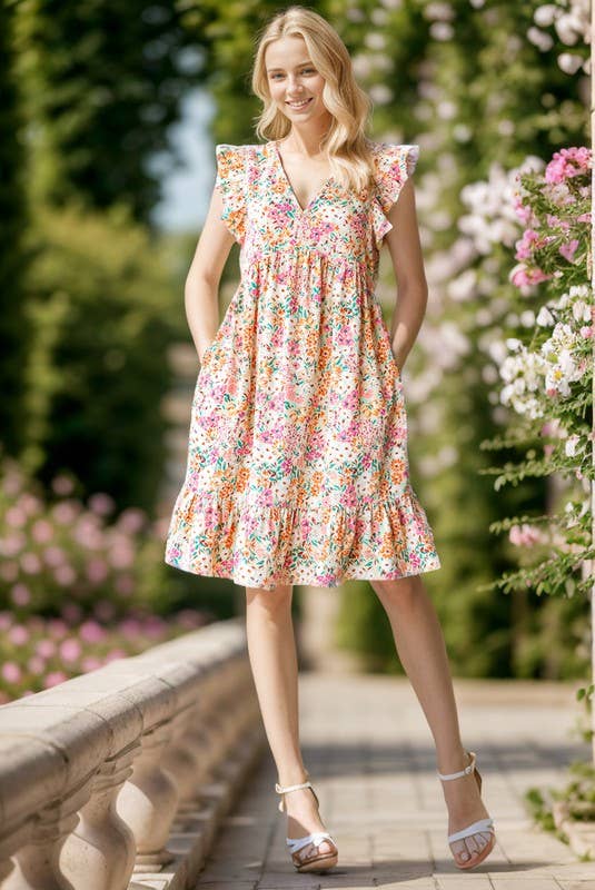 V Neck Floral Dress with Ruffle Sleeve and Pockets
