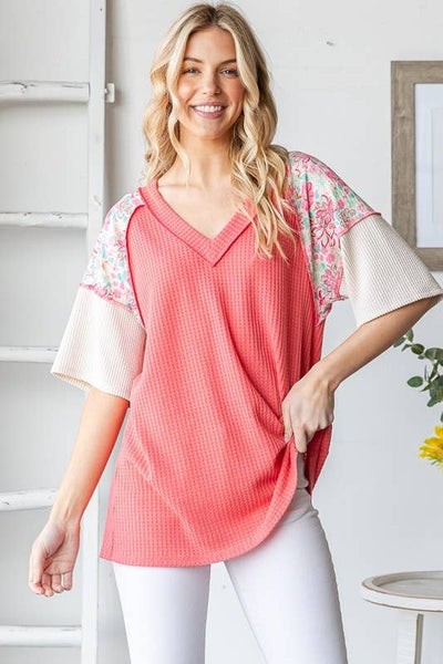 Waffle V Neck Floral Sleeve Top in Coral