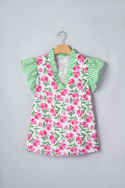 Floral Print Striped Ruffle Trim V Neck Blouse
