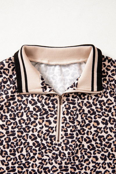 Leopard Half Zip Stripe Mock Neck Top