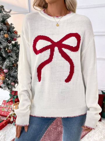 Bow Knit Sweater in Cream with Red