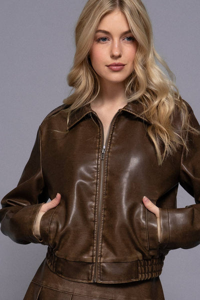 Washed Effect Faux Leather Jacket