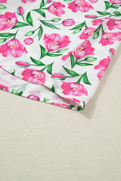 Floral Print Striped Ruffle Trim V Neck Blouse