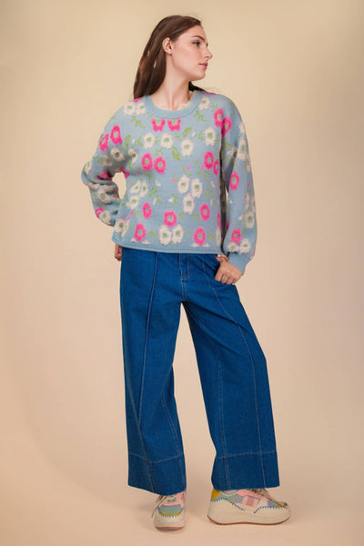 Oversized Floral Textured Sweater Top in Sky Blue