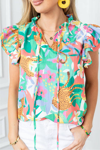 Ruffle Tie Split Neck Floral Top