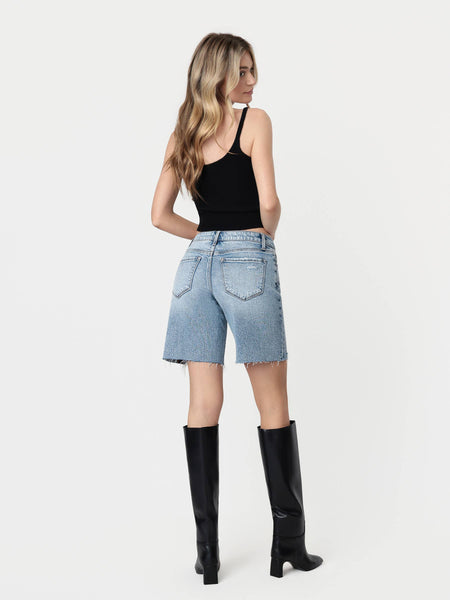 Mid Rise Light Wash Distressed Long Short by Flying Monkey