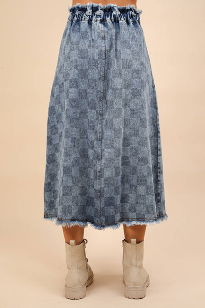 Washed Checkered Denim Midi Skirt